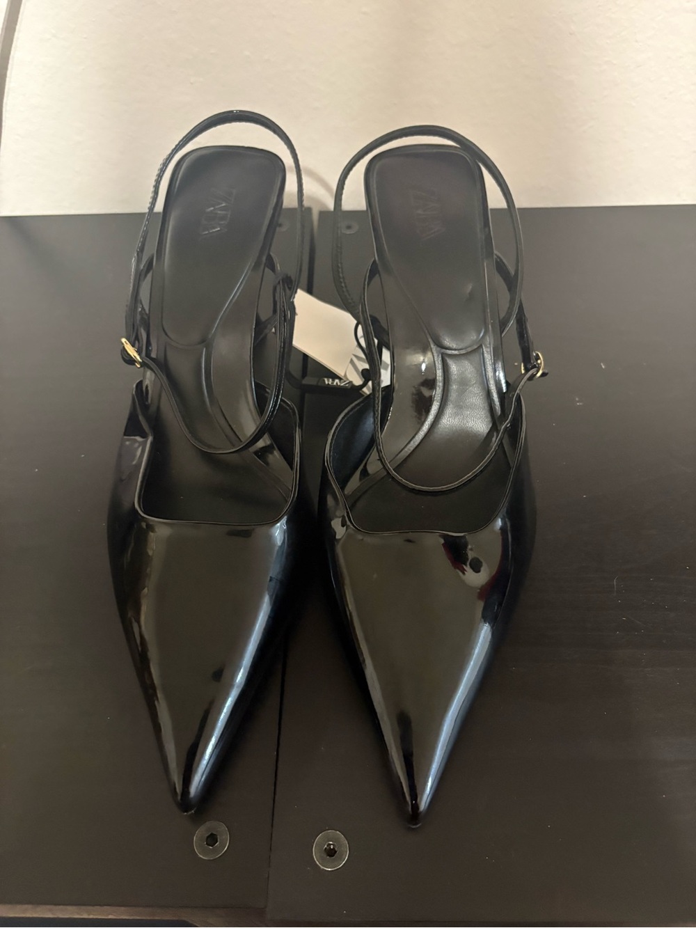 Zara Black Patent Pointed-Toe Slingback Pumps Size 10/41